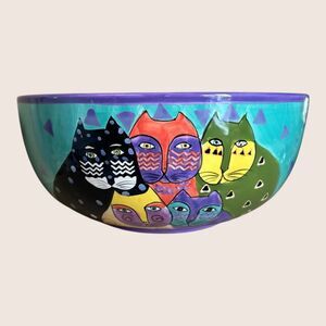 😻 LAUREL BURCH DESIGN STUDIOS CAT SERVING BOWL 1998 BLUE PURPLE HAND PAINTED